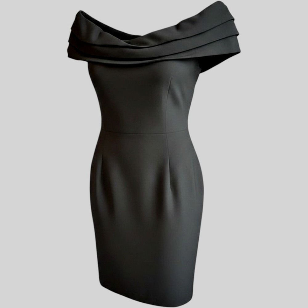 Vintage Nancy Johnson Sheath Dress 8P Black Off Shoulder Portrait Collar